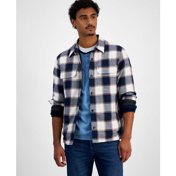 サンアンドプラスストーン メンズ ジャケット&ブルゾン アウター Men's Aviv Long Sleeve Snap-Front Plaid Shirt Jacket, Created for Macy's Basic Navy