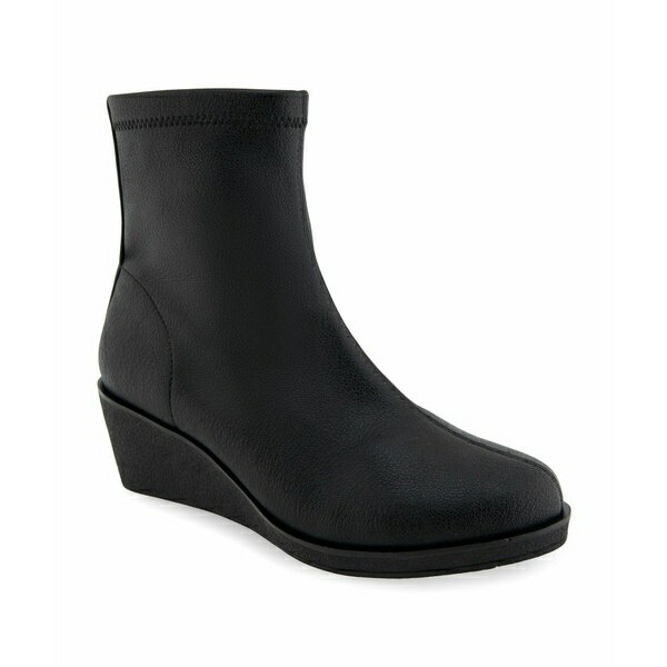 エアロソールズ レディース ブーツ シューズ Women's Binnie Wedge Heel Booties Black Stretch Pebbled Faux Leather - Polyurethane