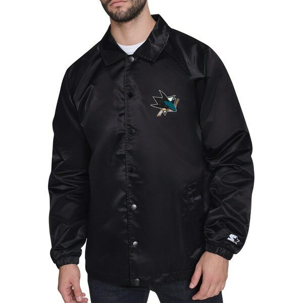スターター メンズ ジャケット&ブルゾン アウター San Jose Sharks Starter Retro Logo Raglan Coaches FullSnap Jacket Black