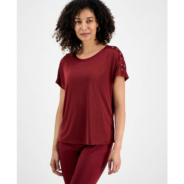 ジェイエムコレクション レディース カットソー トップス Petite Lace-Up Shoulder Short-Sleeve Top, Macy's Exclusive Antique Red
