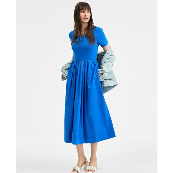 オン サーティフォース レディース ワンピース トップス Women's Mixed-Media Short-Sleeve Midi Dress, Exclusively at Macy's Seaport