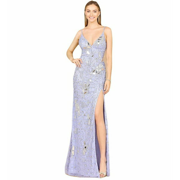 ララ レディース ワンピース トップス Women's Mirror Beaded Gown With High Slit Periwinkle