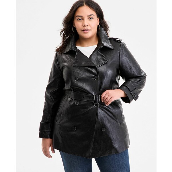 ӡӡޥåꥢ ǥ 㥱åȡ֥륾  Plus Size Double-Breasted Faux-Leather Belted Trench Coat Black