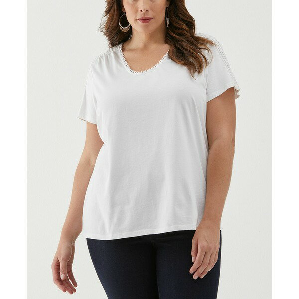 エラ ラファエラ レディース カットソー トップス Plus Size Dot Trim Short Sleeve Top White