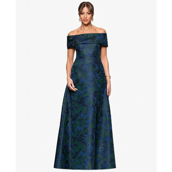 エスケープ レディース ワンピース トップス Women's Jacquard Off-The-Shoulder Ball Gown Navy/Green