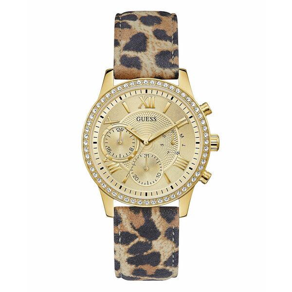 ゲス レディース 腕時計 アクセサリー Women's Gold-Tone Glitz Animal Print Genuine Leather Strap Multi-Function Watch, 40mm Brown