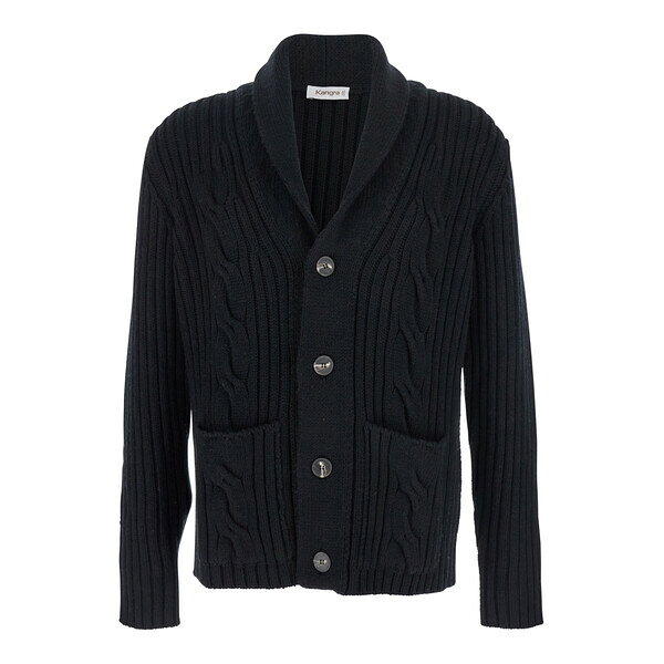 カングラ メンズ ニット&セーター アウター Black Interwoven Knit Cardigan With Shawl Collar In Cas..