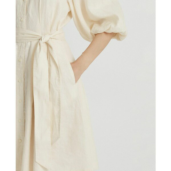 ե ǥ ԡ ȥåץ Women's Belted Linen Bubble-Sleeve Shirtdress Mascarpone Cream