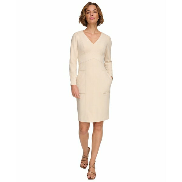 ダナ キャラン ニューヨーク レディース ワンピース トップス Women's V-Neck Sheath Dress Elegant Beige 1