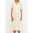 イングリッシュファクトリー レディース ワンピース トップス Women's Gingham Puff Sleeve Tiered Midi Taupe