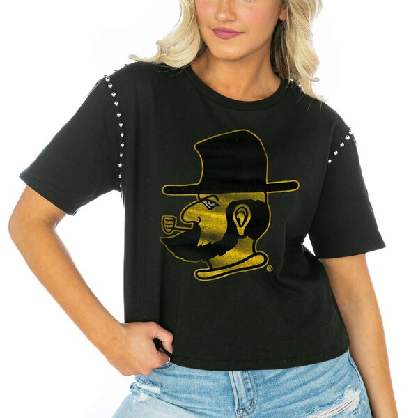 ゲームデイ レディース Tシャツ トップス Appalachian State Mountaineers Gameday Couture Women's Galore Studded Sleeve Crop Top Black