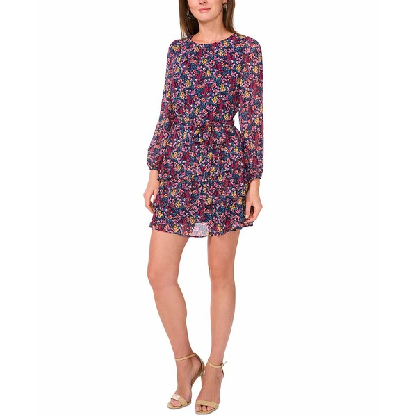 ミスク レディース ワンピース トップス Petite Floral Print Blouson-Sleeve Fit & Flare Dress Navy Gren Pink