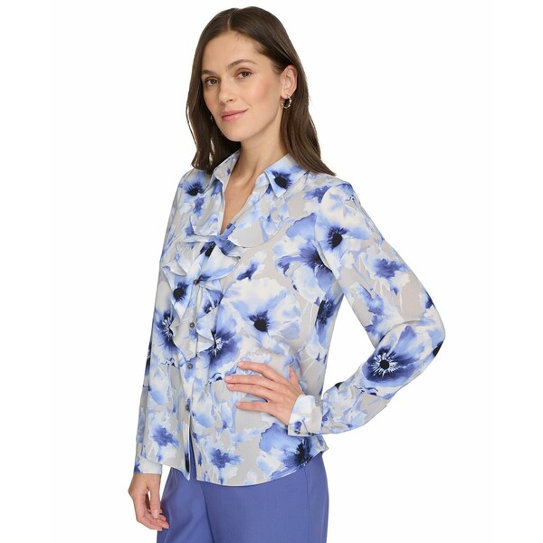 カルバンクライン レディース カットソー トップス Women's Printed Ruffle-Collar Blouse Spring Blue Multi