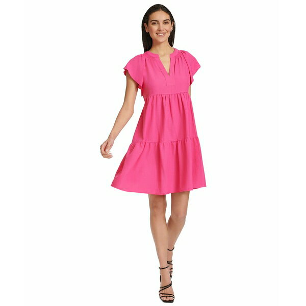 カルバンクライン レディース ワンピース トップス Women's Split-Neck Tiered A-Line Dress Hibicus