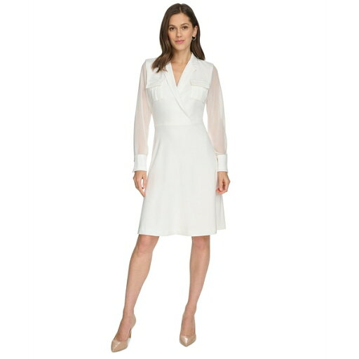カルバンクライン レディース ワンピース トップス Petite Chiffon-Sleeve Faux-Wrap Dress White カルバンクライン レディース ワンピース トップス Petite Chiffon-Sleeve Faux-Wrap Dress White