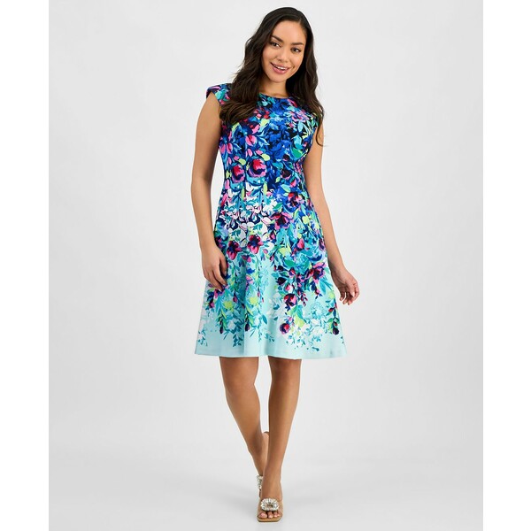 コネクテッド レディース ワンピース トップス Petite Printed Scuba Sleeveless Fit & Flare Dress Peacock