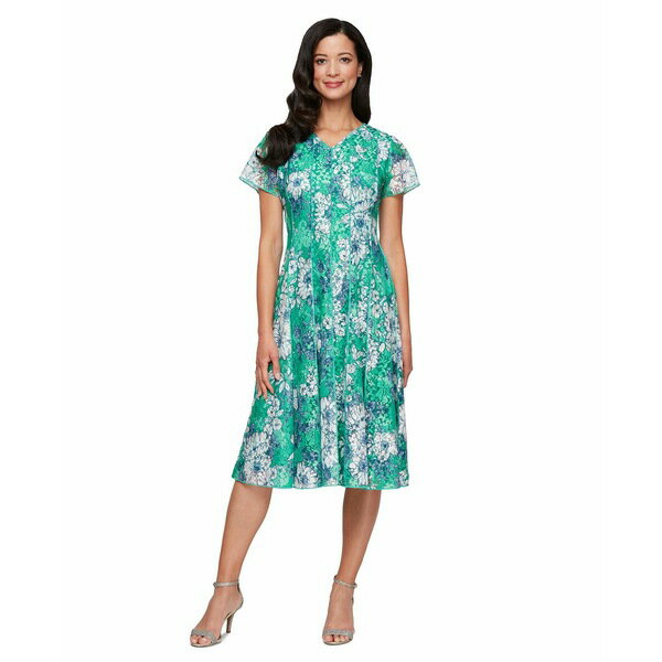 エス エル ファッションズ レディース ワンピース トップス Women's Printed Lace A-Line Dress Green Multi