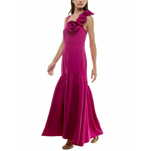 テイラー レディース ワンピース トップス Women's Rosette-Trim Square-Neck Flounce-Hem Gown Magenta