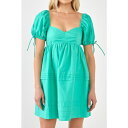 イングリッシュファクトリー レディース ワンピース トップス Women's Pleated Detail Puff Sleeve Mini Dress Emerald