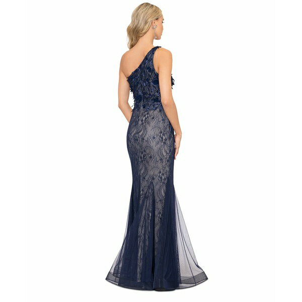 エスケープ レディース ワンピース トップス Women's Lace Mesh One-Shoulder Gown Navy/Champagne