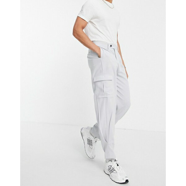 ・デザイン エイソス メンズ カジュアルパンツ ボトムス ASOS DESIGN high waist slim cargo smart pants in gray crepe Grey：asty ・ヨーロッ