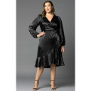 キヨナ レディース ワンピース トップス Women's Plus Size Serena Satin Long Sleeve Wrap Dress Onyx
