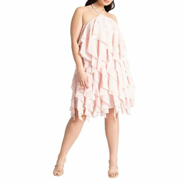 エロクイ レディース ワンピース トップス Women's Plus Size Ruffle Halter Neck Mini Dress Light pink