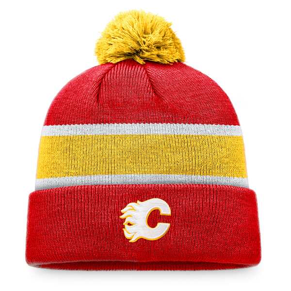 楽天astyファナティクス メンズ 帽子 アクセサリー Calgary Flames Fanatics Breakaway Cuffed Knit Hat with Pom Red/Yellow