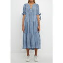 CObVt@Ng[ fB[X s[X gbvX Women's Gingham Tiered Dress with Bow-Tie Sleeves Blue multi