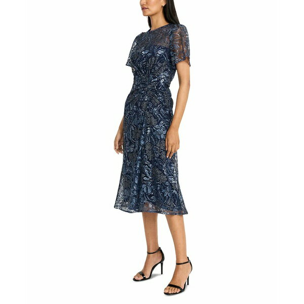 マギーロンドン レディース ワンピース トップス Women's Botanical Embellished Mesh Fit & Flare Dress Navy