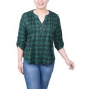 ニューヨークコレクション レディース カットソー トップス Women's 3/4 Roll Sleeve Top Green Blue Plaid(4)