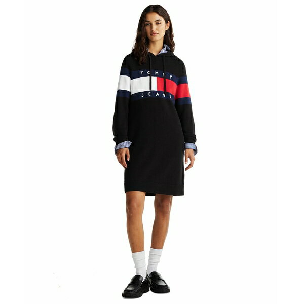 トミーヒルフィガー レディース ワンピース トップス Women's Logo Hoodie Sweater Dress BLACK