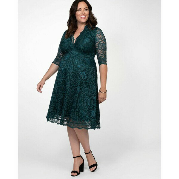 キヨナ レディース ワンピース トップス Plus Size Mademoiselle Lace Cocktail Dress with Sleeves Emerald green