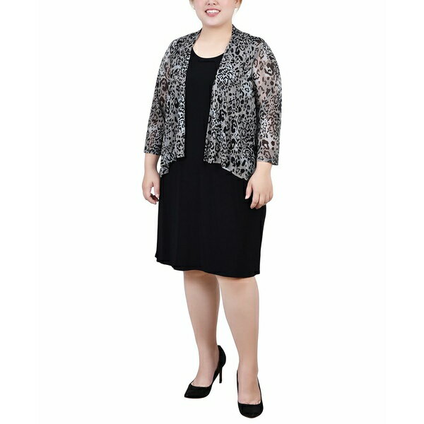 ニューヨークコレクション レディース ワンピース トップス Plus Size Cardigan and Dress Set, 2 Piece Tan Wildchita Black