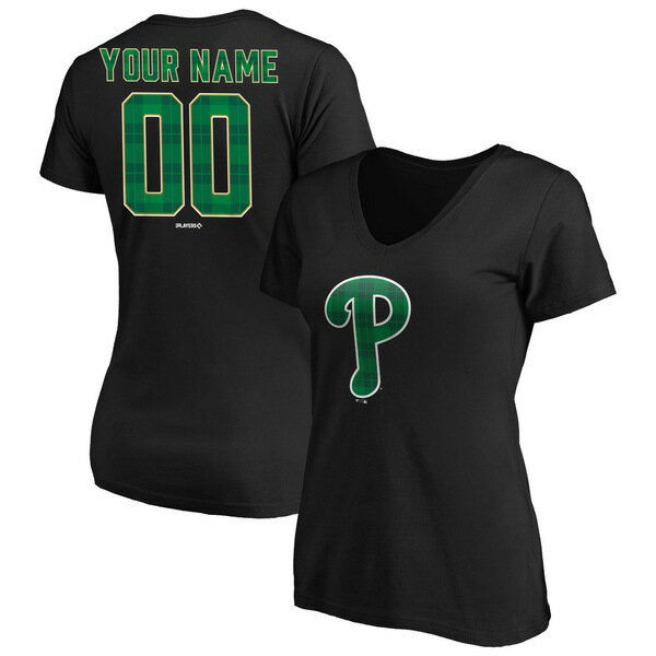 t@ieBNX fB[X TVc gbvX Philadelphia Phillies Fanatics Branded Women's Emerald Plaid Personalized Name & Number VNeck TShirt Black