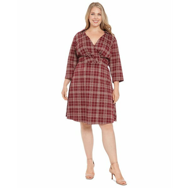 ロンドンタイムス レディース ワンピース トップス Plus Size Plaid Collared V-Neck 3/4-Sleeve Dress Wine Tan