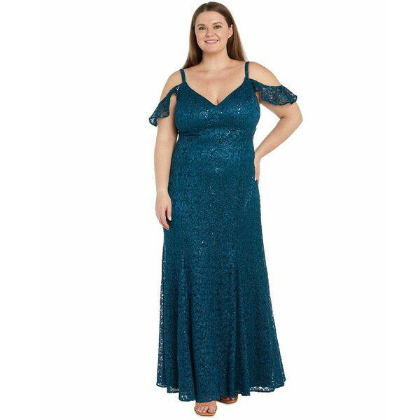 アールアンドエムリチャーズ レディース ワンピース トップス Plus Size Sequin Lace Cold-Shoulder Gown Peacock