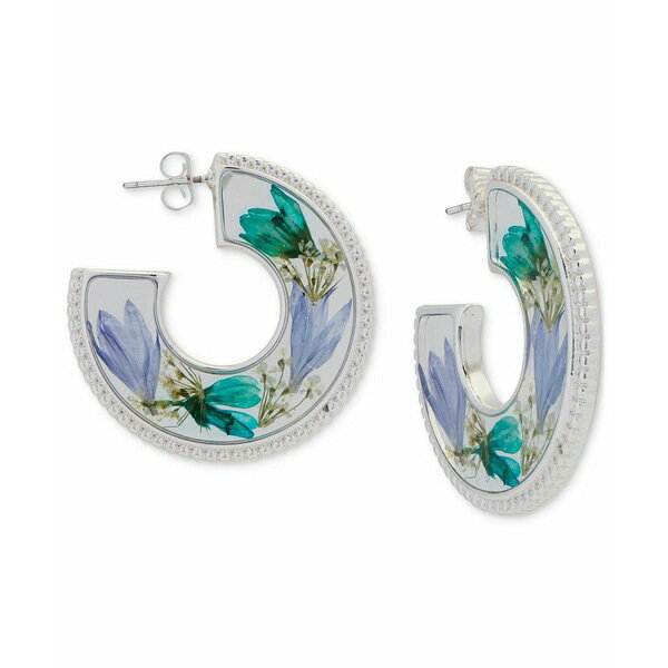 ラッキーブランド レディース ピアス＆イヤリング アクセサリー Silver-Tone Pressed Flower Medium Open Hoop Earrings, 1.35