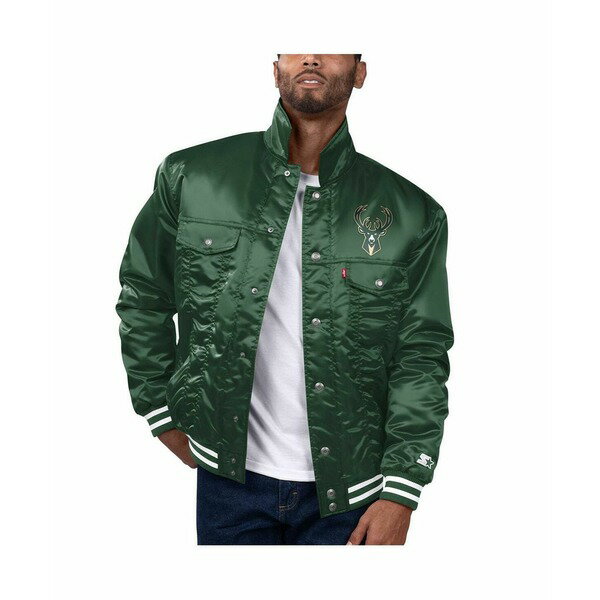 楽天astyスターター メンズ ジャケット＆ブルゾン アウター x Levi's Men's Hunter Green Milwaukee Bucks Silver Label Trucker Satin Full-Snap Jacket Hunter Green
