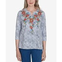 アルフレッドダナー レディース カットソー トップス Petite Harvest Moon Textured Floral Embroidered Split Neck Top Grey(4)