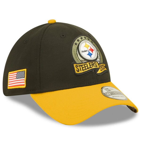 j[G Y Xq ANZT[ Pittsburgh Steelers New Era 2022 Salute To Service 39THIRTY Flex Hat Black/Yellow
