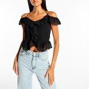 【送料無料】 ミスガイデッド レディース カットソー トップス Textured Button Front Ruffle Hem Crop Top BLACK