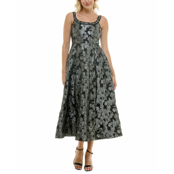 テイラー レディース ワンピース トップス Women's Embellished Scoop-Neck Jacquard Dress Black Silver