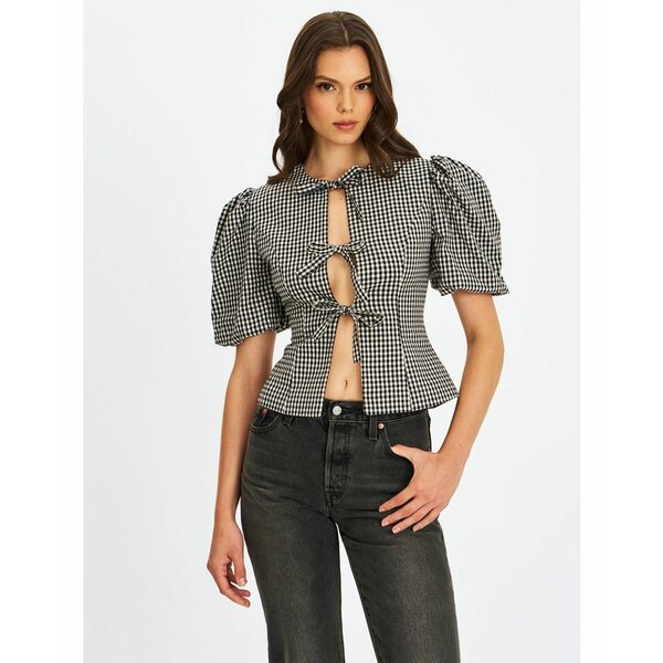 ミス サークル レディース カットソー トップス Women's Qusayla Black Gingham Bubble Sleeve Bowtie ..