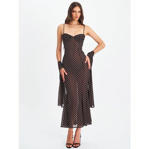 ミス サークル レディース ワンピース トップス Women's Yadira Brown Base Polka Dot Chiffon Maxi Dr..