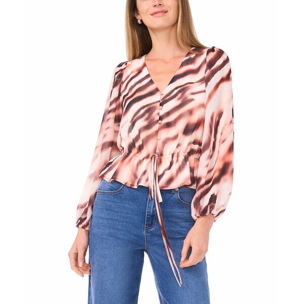 ワンステイト レディース カットソー トップス Women's Button Front V-Neck Printed Top Oatmeal