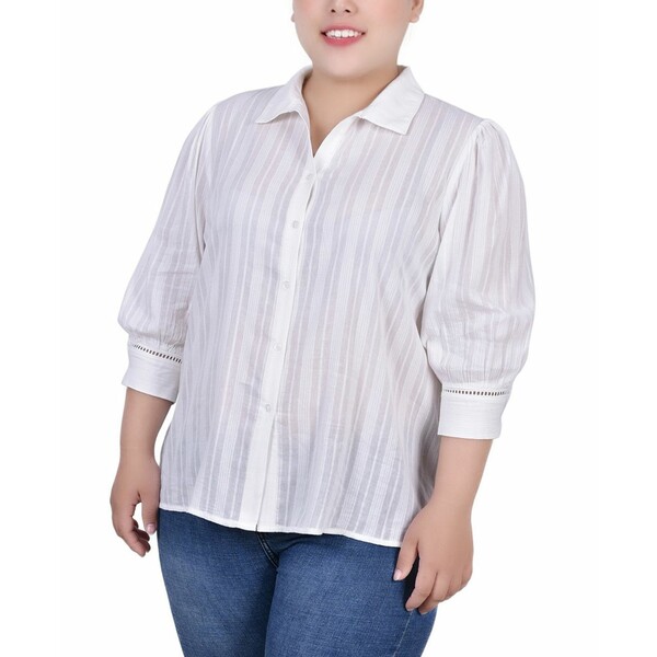 ニューヨークコレクション レディース カットソー トップス Plus Size 3/4 Puff Sleeve Cotton Jacquar..