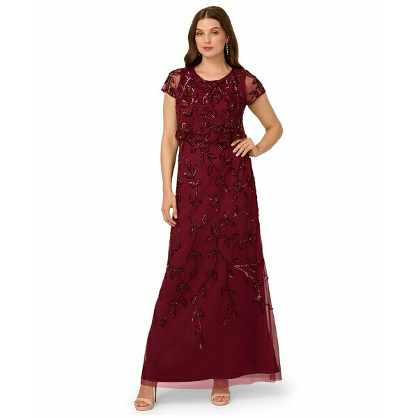 アドリアナ パペル レディース ワンピース トップス Women's Floral Blouson Embellished Gown Mahogany
