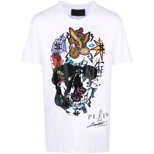 フィリッププレイン レディース Tシャツ トップス Tattoo Skill プリント Tシャツ multicolour Tan White