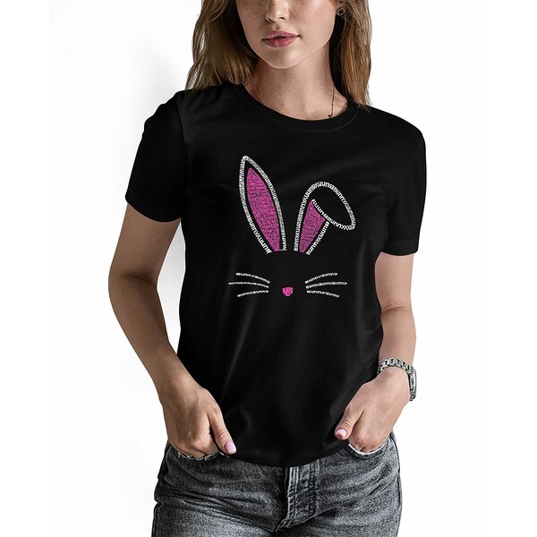 エルエーポップアート レディース Tシャツ トップス Women's Word Art Bunny Ears Short Sleeve T-shirt Black